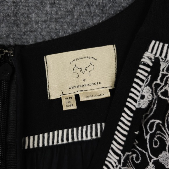 Anthropologie Vanessa Virginia Dress Womens 6 Black White Embroidered V Neck - Picture 3 of 12